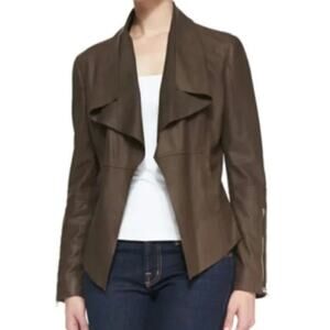 Neumann Marcus Brown Leather Open From Cascade Ruffle Zippered Sleeves Sz Small